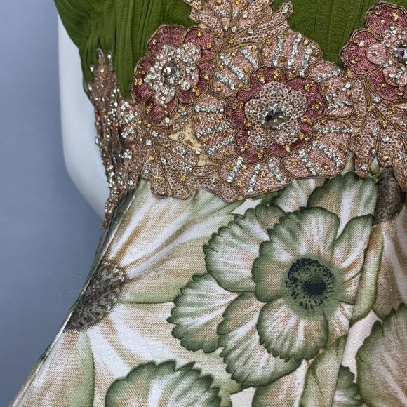 Indian Dress Rhinestones Floral Size XL Green Ruched Top Maxi Floral Embellished - Picture 6 of 14